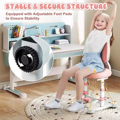 Chaise d'étude pour enfants Costway avec double dossier réglable, repose-pieds, hauteur et profondeur d'assise réglables Gris/Bleu/Rose
