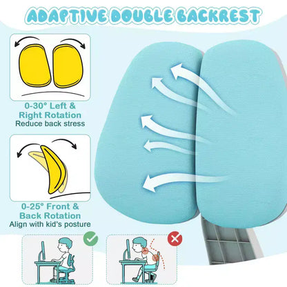 Chaise d'étude pour enfants Costway avec double dossier réglable, repose-pieds, hauteur et profondeur d'assise réglables Gris/Bleu/Rose