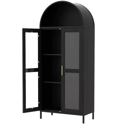 GustoWave Modern Arched Metal Cabinet with Glass Doors & 2 Adjustable Shelves, Freestanding Pantry Storage  Display Organizer