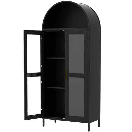 GustoWave Modern Arched Metal Cabinet with Glass Doors & 2 Adjustable Shelves, Freestanding Pantry Storage  Display Organizer