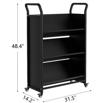 Chariot de rangement à roulettes en métal pour livres, étagère de présentation à 3 niveaux en forme de V avec crochets latéraux et 4 roues verrouillables – Noir