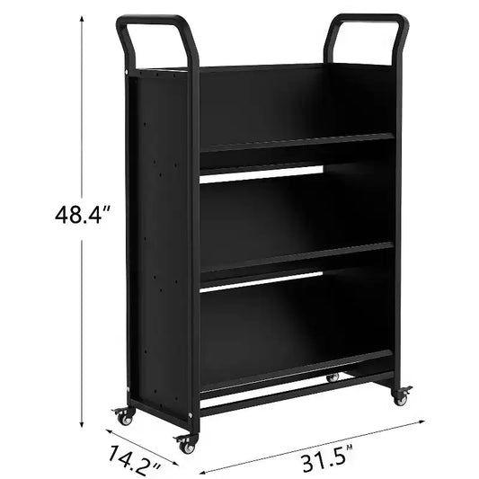 Chariot de rangement à roulettes en métal pour livres, étagère de présentation à 3 niveaux en forme de V avec crochets latéraux et 4 roues verrouillables – Noir