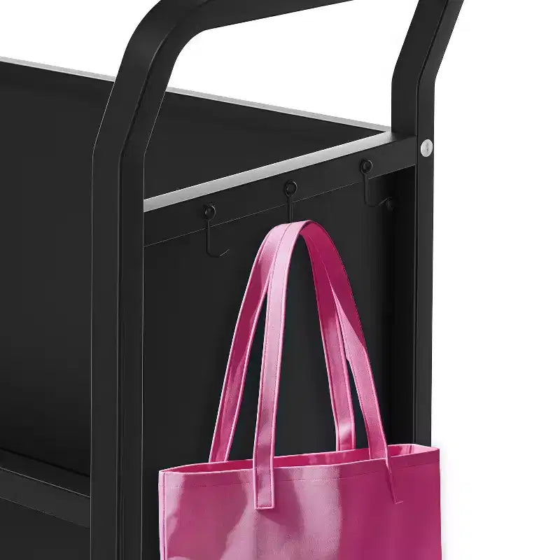 Chariot de rangement à roulettes en métal pour livres, étagère de présentation à 3 niveaux en forme de V avec crochets latéraux et 4 roues verrouillables – Noir