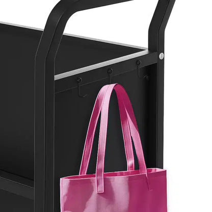 Chariot de rangement à roulettes en métal pour livres, étagère de présentation à 3 niveaux en forme de V avec crochets latéraux et 4 roues verrouillables – Noir