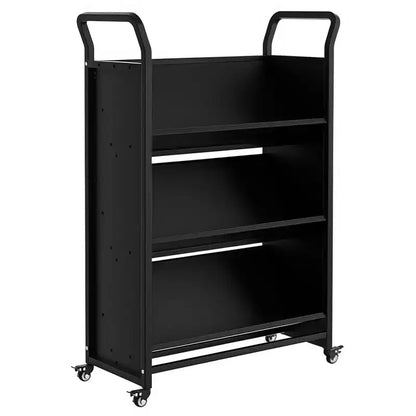 Chariot de rangement à roulettes en métal pour livres, étagère de présentation à 3 niveaux en forme de V avec crochets latéraux et 4 roues verrouillables – Noir