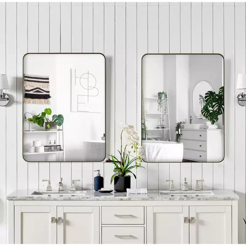 Miroir de salle de bain rectangulaire Okak Minimalism, miroir mural avec cadre en métal et coins arrondis, miroir de courtoisie pour salle de bain