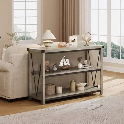 47 Table console d'entrée C, Table de canapé étroite à 3 niveaux avec étagères de rangement (Gris, pour salon/couloir/cuisine)