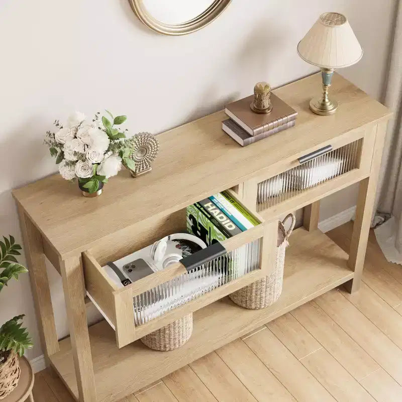 Console en bois Table d'entrée à 2 niveaux pour canapé avec 2 tiroirs en verre pour salon/entrée