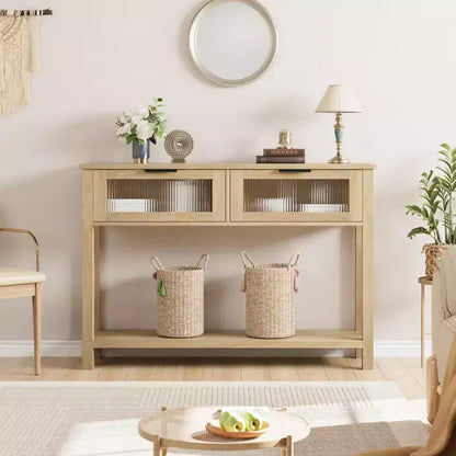 Console en bois Table d'entrée à 2 niveaux pour canapé avec 2 tiroirs en verre pour salon/entrée