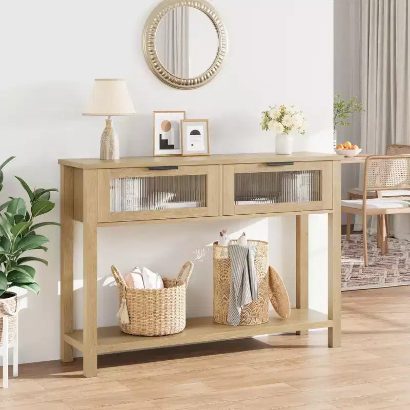 Console en bois Table d'entrée à 2 niveaux pour canapé avec 2 tiroirs en verre pour salon/entrée