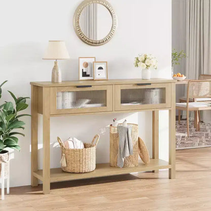 Console en bois Table d'entrée à 2 niveaux pour canapé avec 2 tiroirs en verre pour salon/entrée