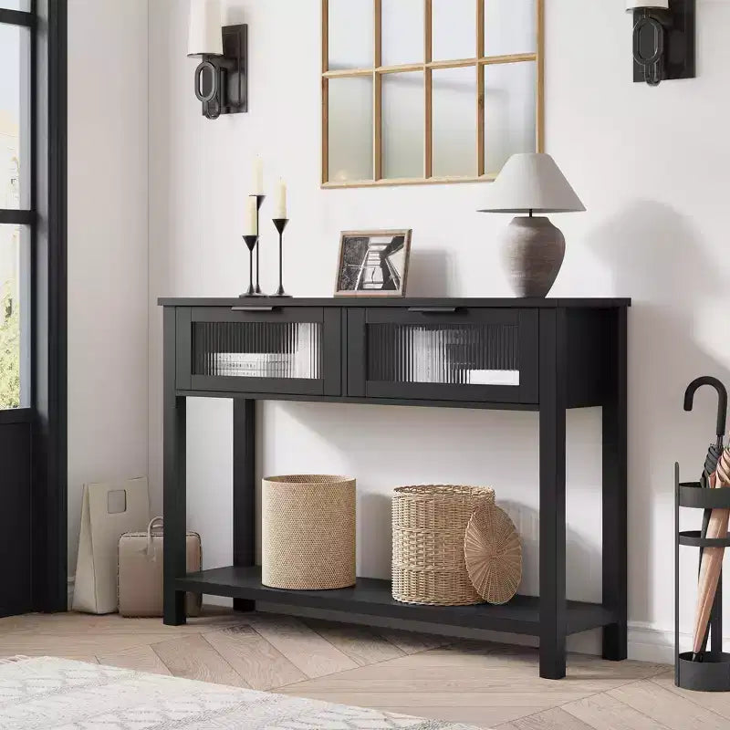 Wood Console Table  2-Tier Entryway Sofa Table with 2 Glass Drawers for Living Room/Foyer