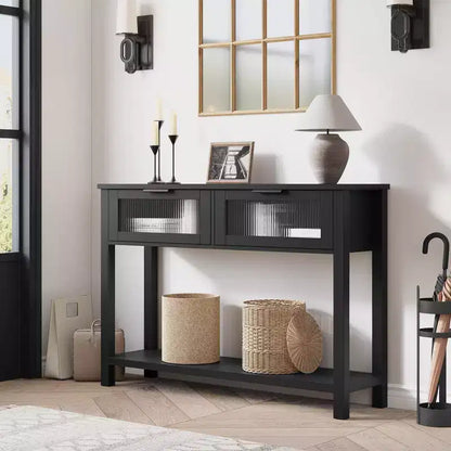 Wood Console Table  2-Tier Entryway Sofa Table with 2 Glass Drawers for Living Room/Foyer