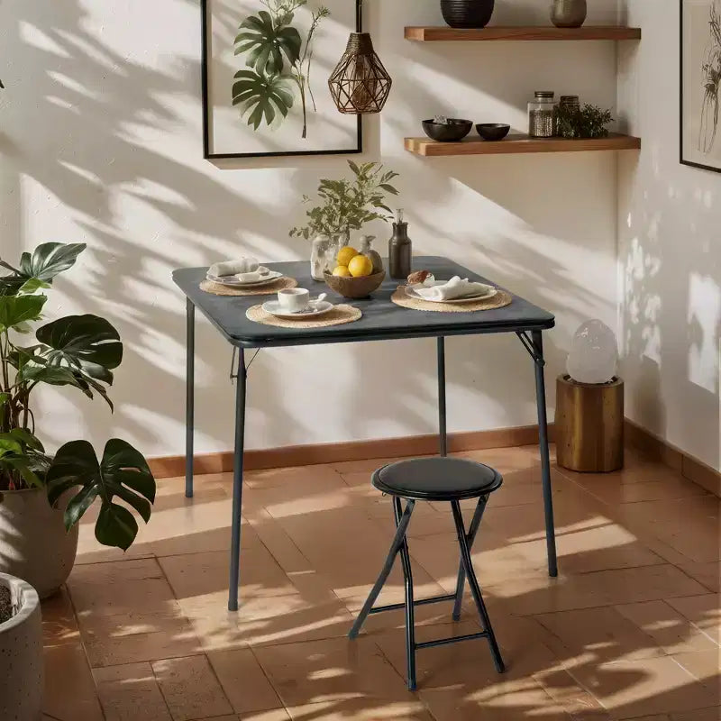 FurnitureR 2-Piece Folding Table and Chair Set for 1, Space-Saving Square Card Table with Single Stool, Ideal for Small Spaces, Home, Patio, Black