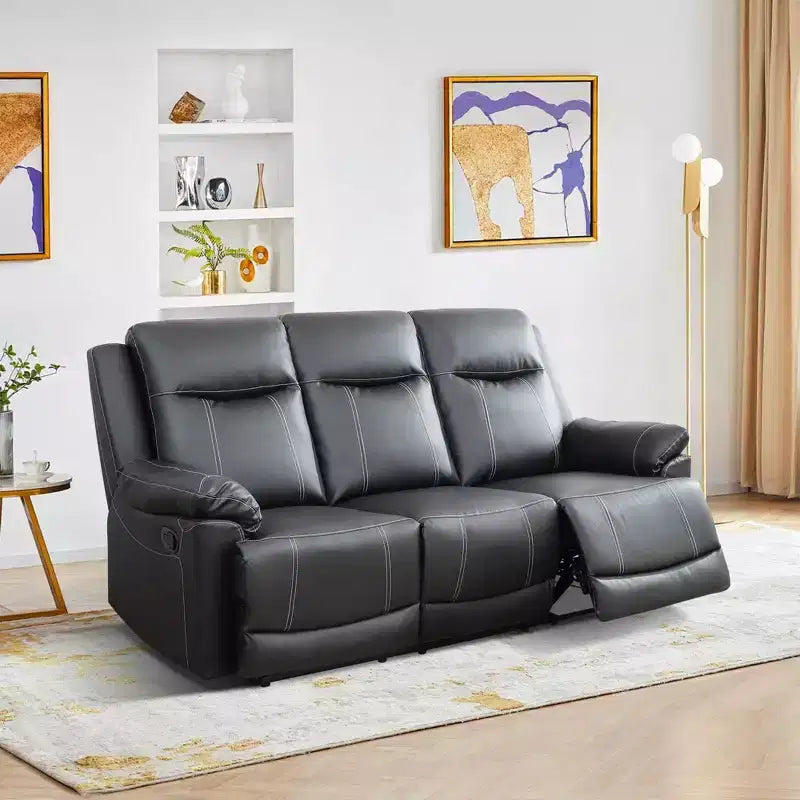 MAYEERTY Reclining Sofa, 3-Seat Breathable Semi-PU Leather Recliner with Adjustable Backrests for Living Room, Black