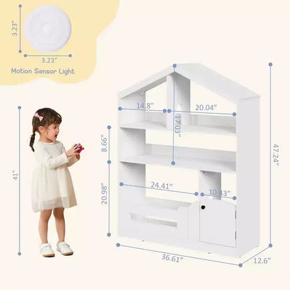 Étagère à Livres pour Enfants en Bois avec Rangement de Jouets, Bibliothèque pour Tout-Petits avec Lumière à Détecteur de Mouvement, Design Maison de Poupée pour Salle de Jeux, Chambre et Salle de Classe