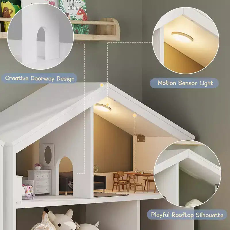 Étagère à Livres pour Enfants en Bois avec Rangement de Jouets, Bibliothèque pour Tout-Petits avec Lumière à Détecteur de Mouvement, Design Maison de Poupée pour Salle de Jeux, Chambre et Salle de Classe