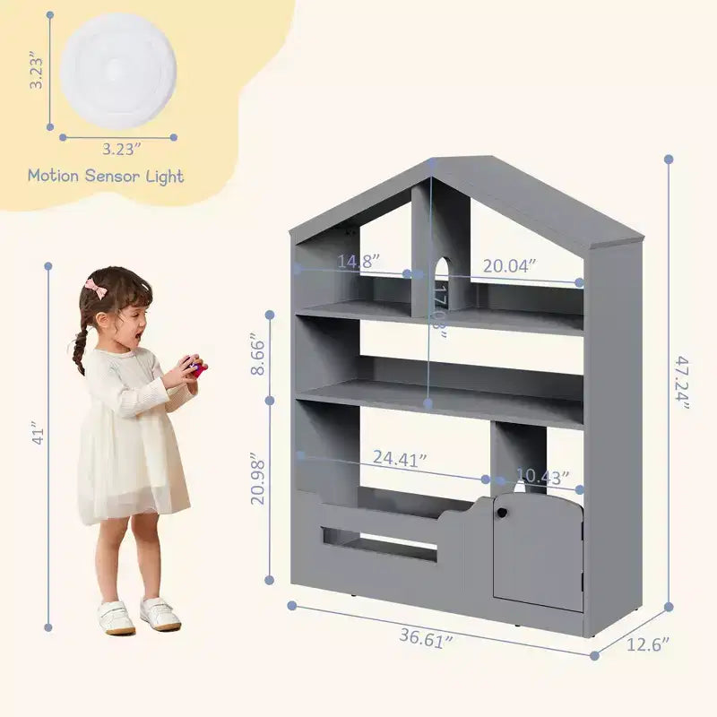 Étagère à Livres pour Enfants en Bois avec Rangement de Jouets, Bibliothèque pour Tout-Petits avec Lumière à Détecteur de Mouvement, Design Maison de Poupée pour Salle de Jeux, Chambre et Salle de Classe