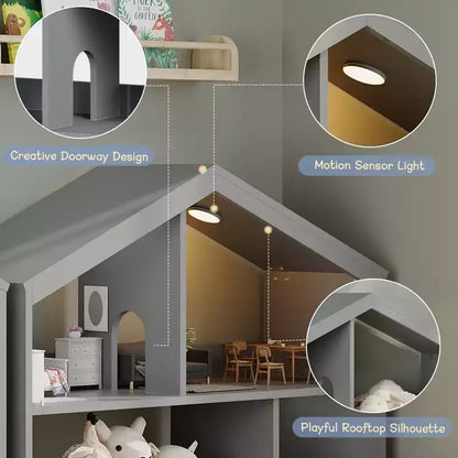 Étagère à Livres pour Enfants en Bois avec Rangement de Jouets, Bibliothèque pour Tout-Petits avec Lumière à Détecteur de Mouvement, Design Maison de Poupée pour Salle de Jeux, Chambre et Salle de Classe