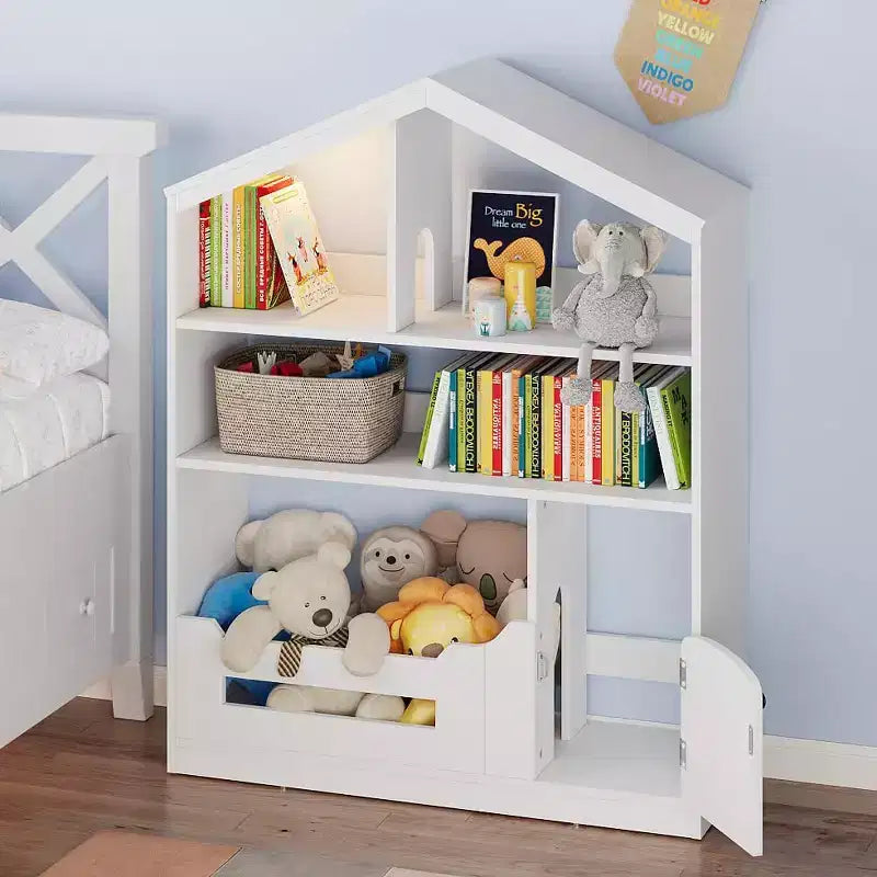 Étagère à Livres pour Enfants en Bois avec Rangement de Jouets, Bibliothèque pour Tout-Petits avec Lumière à Détecteur de Mouvement, Design Maison de Poupée pour Salle de Jeux, Chambre et Salle de Classe