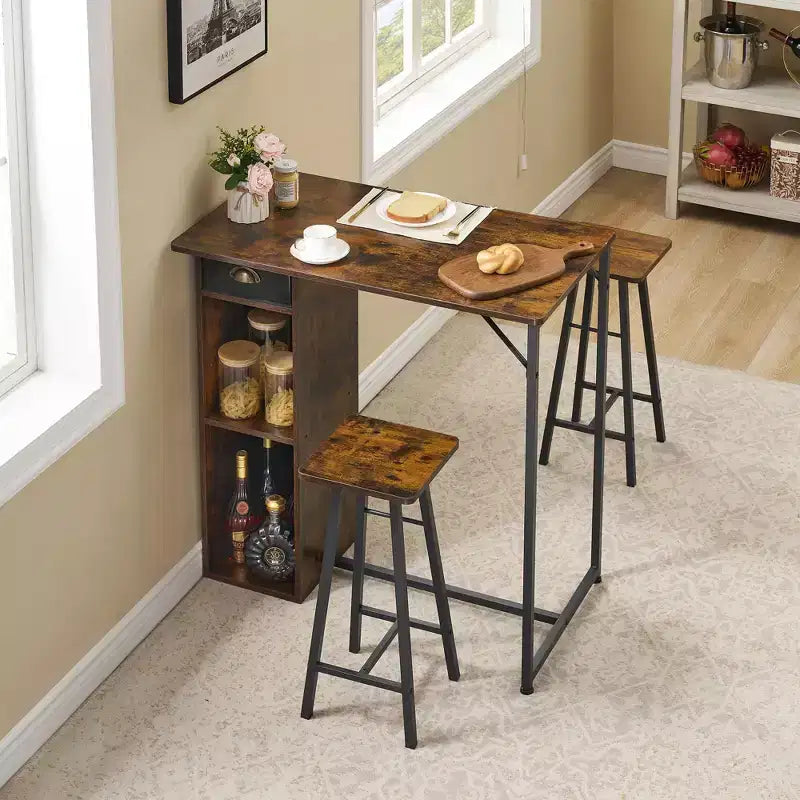 Bar Height Table and Chairs Set of 2 Small High Top Kitchen Table for 2 Seater, 3 Large Storage Shelves Space Saving for Dinner Pub Breakfast Brunch
