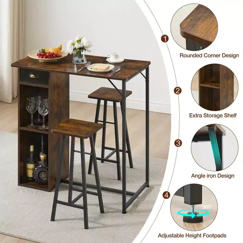 Table et chaises hautes de bar, ensemble de 2 petites tables hautes de cuisine pour 2 personnes, 3 grandes étagères de rangement peu encombrantes pour dîner, pub, petit-déjeuner, brunch
