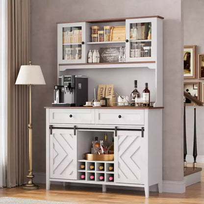 Meuble de bar à vin Garvee, buffet de cuisine de style campagnard avec casiers à vin et tiroirs, vaisselier de cuisine éclairé par LED avec portes coulissantes