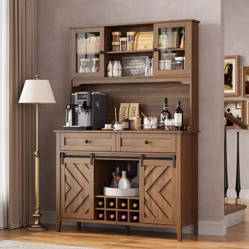 Meuble de bar à vin Garvee, buffet de cuisine de style campagnard avec casiers à vin et tiroirs, vaisselier de cuisine éclairé par LED avec portes coulissantes