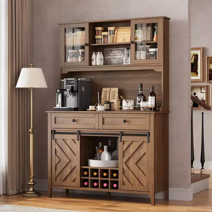 Meuble de bar à vin Garvee, buffet de cuisine de style campagnard avec casiers à vin et tiroirs, vaisselier de cuisine éclairé par LED avec portes coulissantes