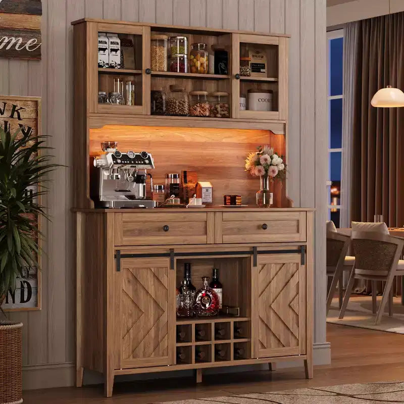 Garvee Wine Bar Cabinet, Farmhouse Kitchen Pantry Storage Cabinet with Wine Racks & Drawers, LED Lighted Kitchen Hutch with Sliding Doors