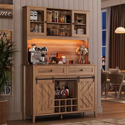 Garvee Wine Bar Cabinet, Farmhouse Kitchen Pantry Storage Cabinet with Wine Racks & Drawers, LED Lighted Kitchen Hutch with Sliding Doors