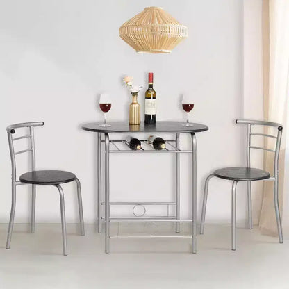 VINGLI Ensemble de salle à manger 3 pièces, petit ensemble de table de cuisine pour 2, table de cuisine en bois et 2 chaises pour petit espace, cadre en métal, casier à vin, argent et noir
