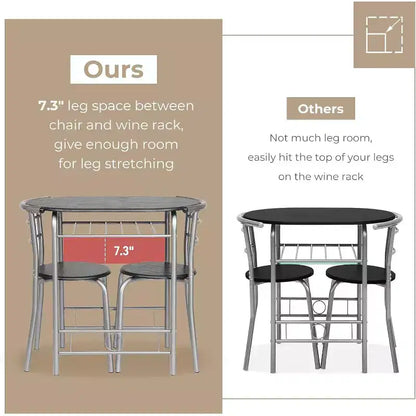 VINGLI Ensemble de salle à manger 3 pièces, petit ensemble de table de cuisine pour 2, table de cuisine en bois et 2 chaises pour petit espace, cadre en métal, casier à vin, argent et noir