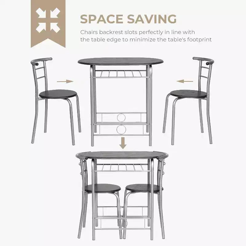 VINGLI Ensemble de salle à manger 3 pièces, petit ensemble de table de cuisine pour 2, table de cuisine en bois et 2 chaises pour petit espace, cadre en métal, casier à vin, argent et noir
