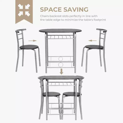 VINGLI Ensemble de salle à manger 3 pièces, petit ensemble de table de cuisine pour 2, table de cuisine en bois et 2 chaises pour petit espace, cadre en métal, casier à vin, argent et noir