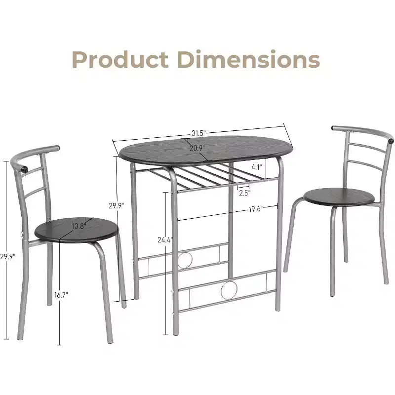 VINGLI Ensemble de salle à manger 3 pièces, petit ensemble de table de cuisine pour 2, table de cuisine en bois et 2 chaises pour petit espace, cadre en métal, casier à vin, argent et noir