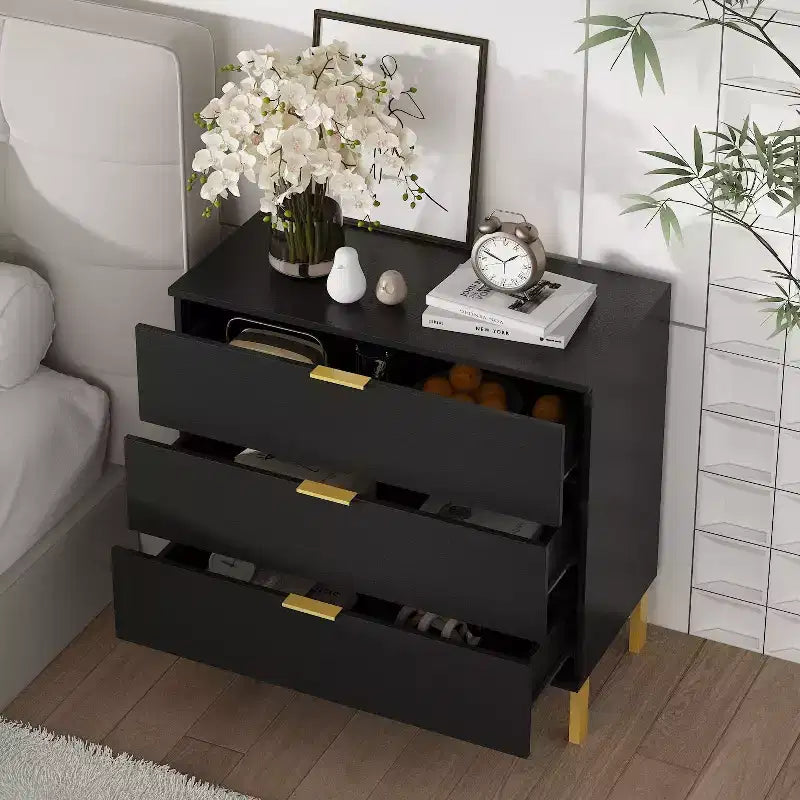 Famapy Commode Grande Table de Chevet avec 3 Tiroirs et Accents Métalliques Meuble de Rangement