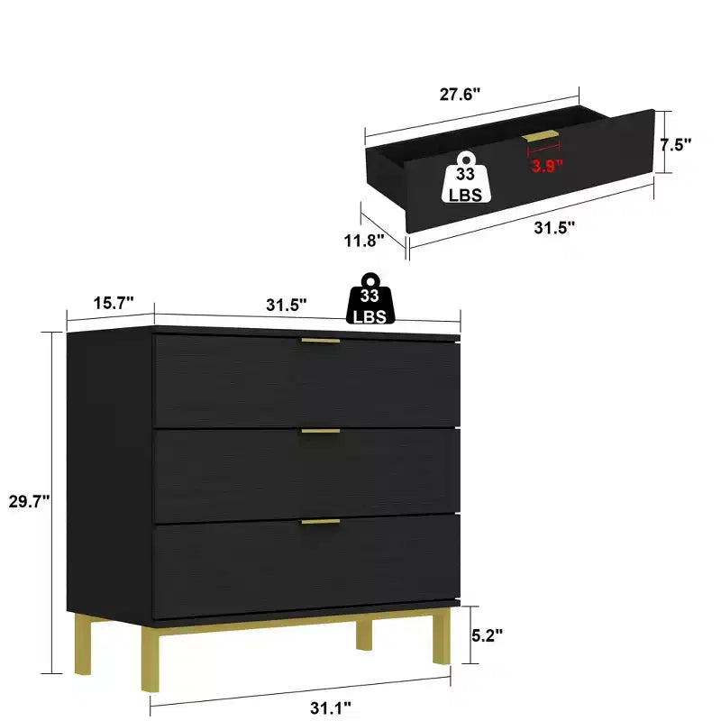 Famapy Commode Grande Table de Chevet avec 3 Tiroirs et Accents Métalliques Meuble de Rangement