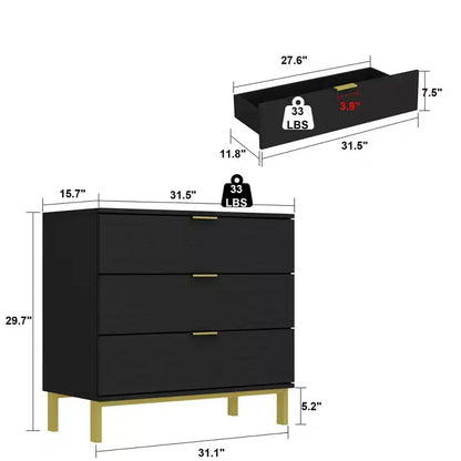 Famapy Commode Grande Table de Chevet avec 3 Tiroirs et Accents Métalliques Meuble de Rangement