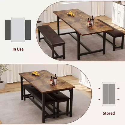 63 Ensemble de table à manger pour 4-8 personnes, grand ensemble de table de cuisine extensible avec 2 bancs rembourrés pour 6 personnes, ensemble de table à manger rectangulaire 3 pièces pour 4 personnes