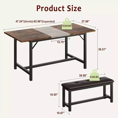 63 Ensemble de table à manger pour 4-8 personnes, grand ensemble de table de cuisine extensible avec 2 bancs rembourrés pour 6 personnes, ensemble de table à manger rectangulaire 3 pièces pour 4 personnes