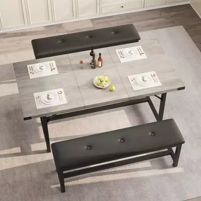 63 Ensemble de table à manger pour 4-8 personnes, grand ensemble de table de cuisine extensible avec 2 bancs rembourrés pour 6 personnes, ensemble de table à manger rectangulaire 3 pièces pour 4 personnes