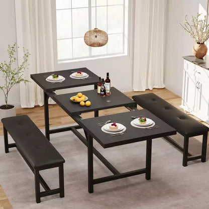 63 Ensemble de table à manger pour 4-8 personnes, grand ensemble de table de cuisine extensible avec 2 bancs rembourrés pour 6 personnes, ensemble de table à manger rectangulaire 3 pièces pour 4 personnes