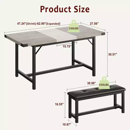 63 Ensemble de table à manger pour 4-8 personnes, grand ensemble de table de cuisine extensible avec 2 bancs rembourrés pour 6 personnes, ensemble de table à manger rectangulaire 3 pièces pour 4 personnes