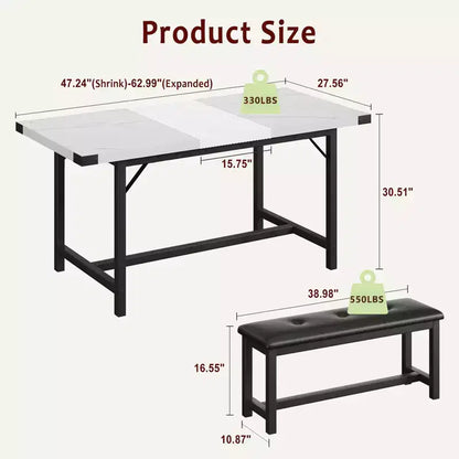 63 Ensemble de table à manger pour 4-8 personnes, grand ensemble de table de cuisine extensible avec 2 bancs rembourrés pour 6 personnes, ensemble de table à manger rectangulaire 3 pièces pour 4 personnes