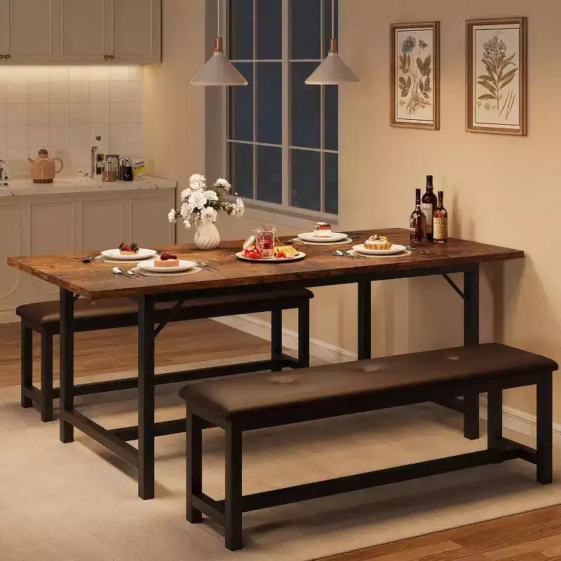 63 Ensemble de table à manger pour 4-8 personnes, grand ensemble de table de cuisine extensible avec 2 bancs rembourrés pour 6 personnes, ensemble de table à manger rectangulaire 3 pièces pour 4 personnes