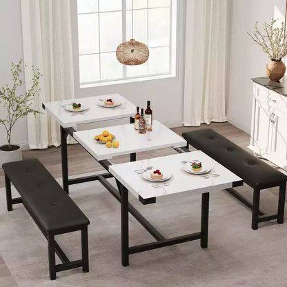 63 Ensemble de table à manger pour 4-8 personnes, grand ensemble de table de cuisine extensible avec 2 bancs rembourrés pour 6 personnes, ensemble de table à manger rectangulaire 3 pièces pour 4 personnes