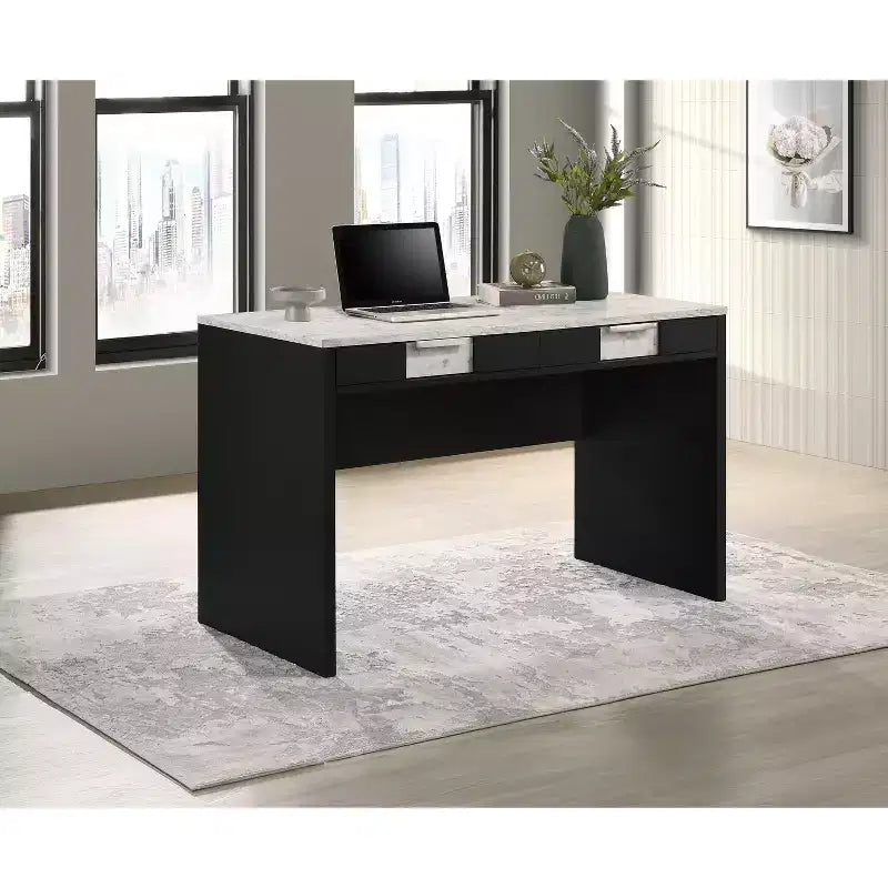 Okak 47.9IN Modern Office Desk with Marble Texture/Wood Grain, Computer Desk with 2 Storage Drawers, Standing Desk for Living Room, Study, Office