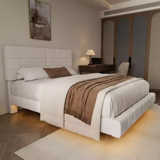 Cadre de lit flottant Okak au design élégant avec tête de lit rembourrée, lit de chambre principal moderne et minimaliste pour vous