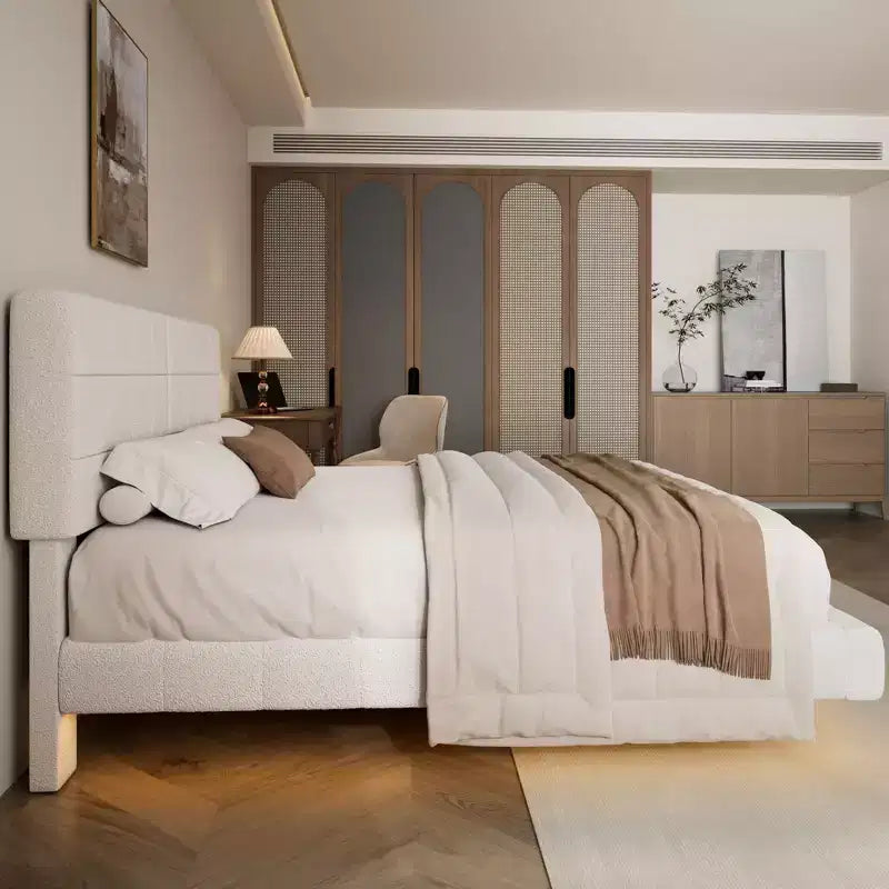 Cadre de lit flottant Okak au design élégant avec tête de lit rembourrée, lit de chambre principal moderne et minimaliste pour vous